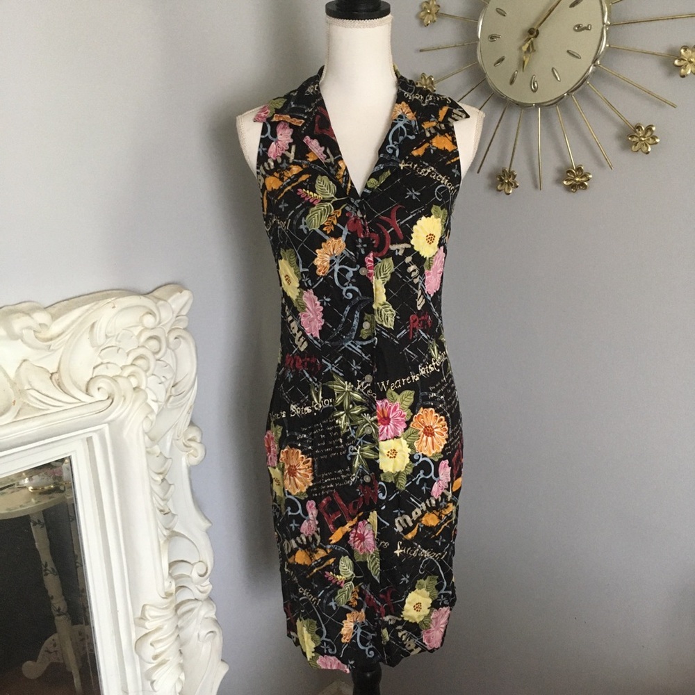 VTG 90s Y2K Expressions Black Floral Hawaiian Button Down Sleeveless Midi Dress